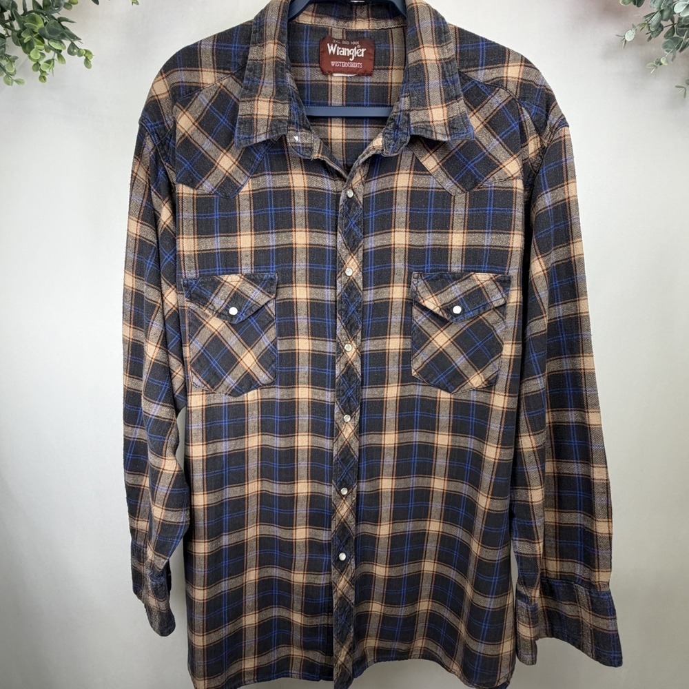 Vtg Wrangler Mens Western Shirt Sz 3XL Long Sleeve Pearl Snaps Blue Brown Plaid
